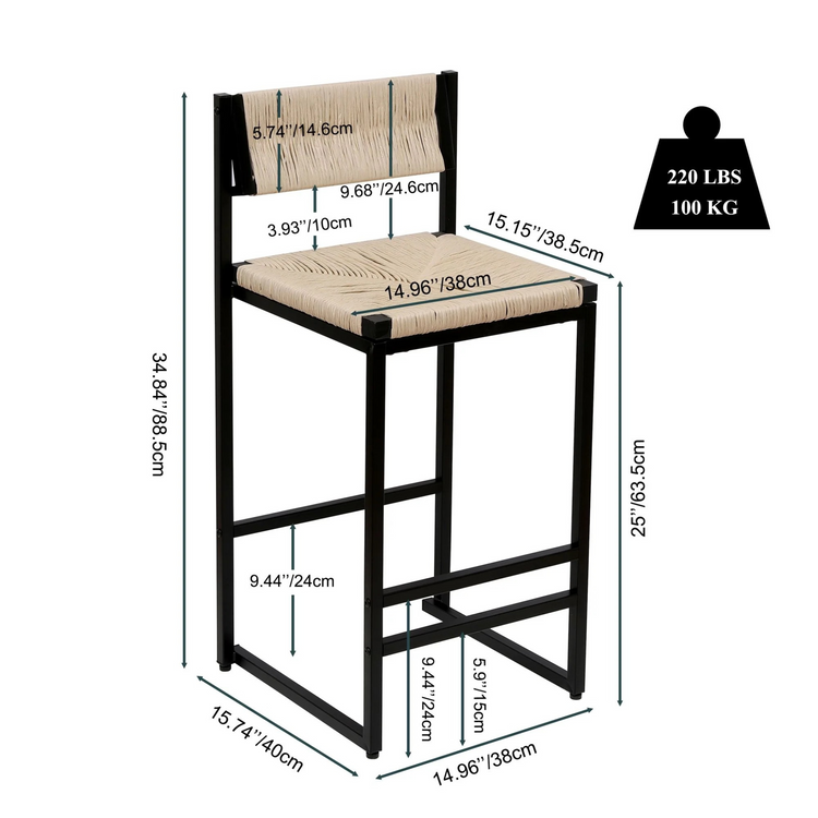 Creamy White Paper Rope Woven Bar Stools Set of 2 Hand Weave Counter Stool with footrest for Kitchen Island, Dining Room (Creamy White)