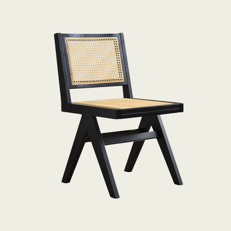 vintage black wood chair | rattan seat and back cushion 0