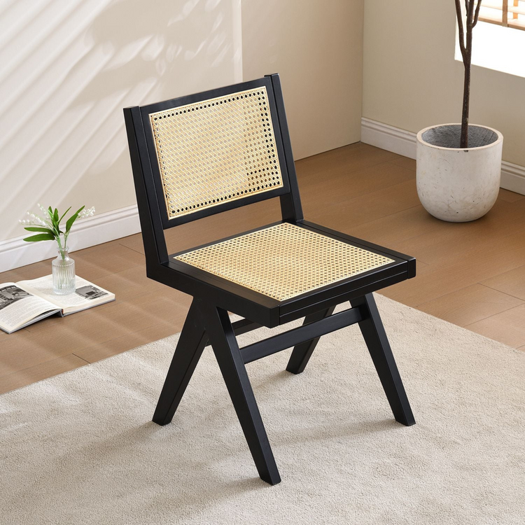 vintage black wood chair | rattan seat and back cushion 11
