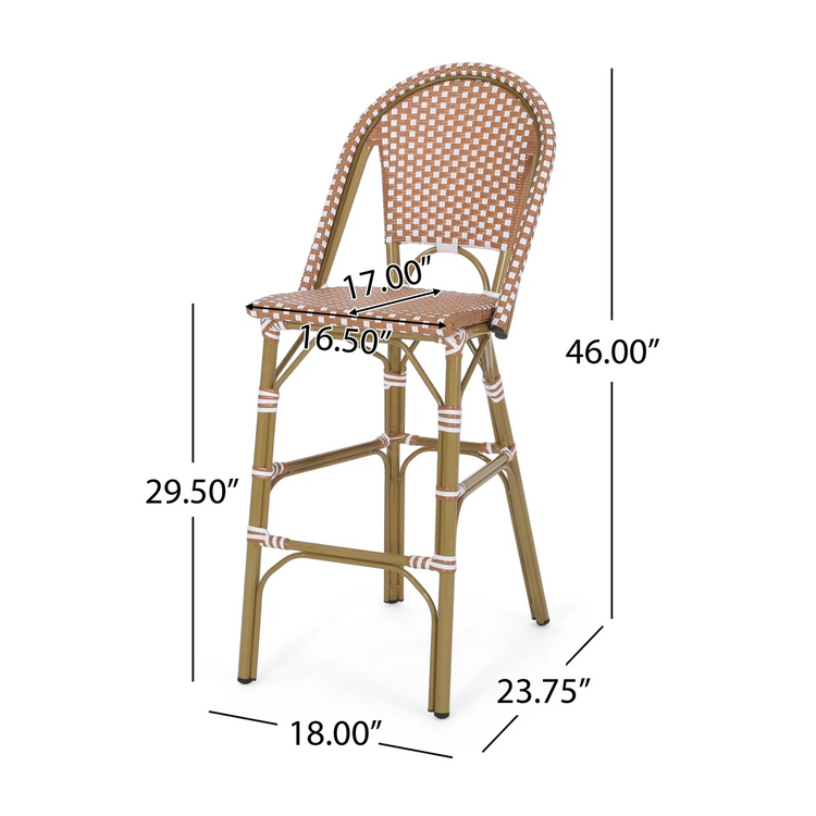 29.5" Outdoor Rattan French Barstool| Pink and White| Aluminum Frame & Bamboo Finish (set of 2)
