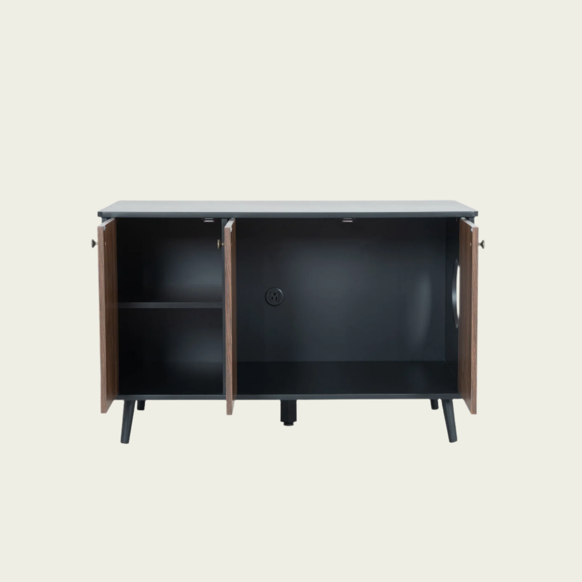 Cat Litter Box Furniture with Hidden Plug, 3 Doors Storage Bench  Black and Walnut