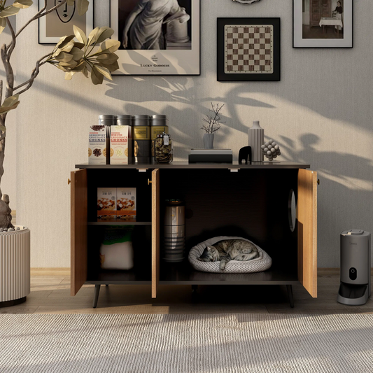 Cat Litter Box Furniture with Hidden Plug, 3 Doors Storage Bench  Black and Walnut