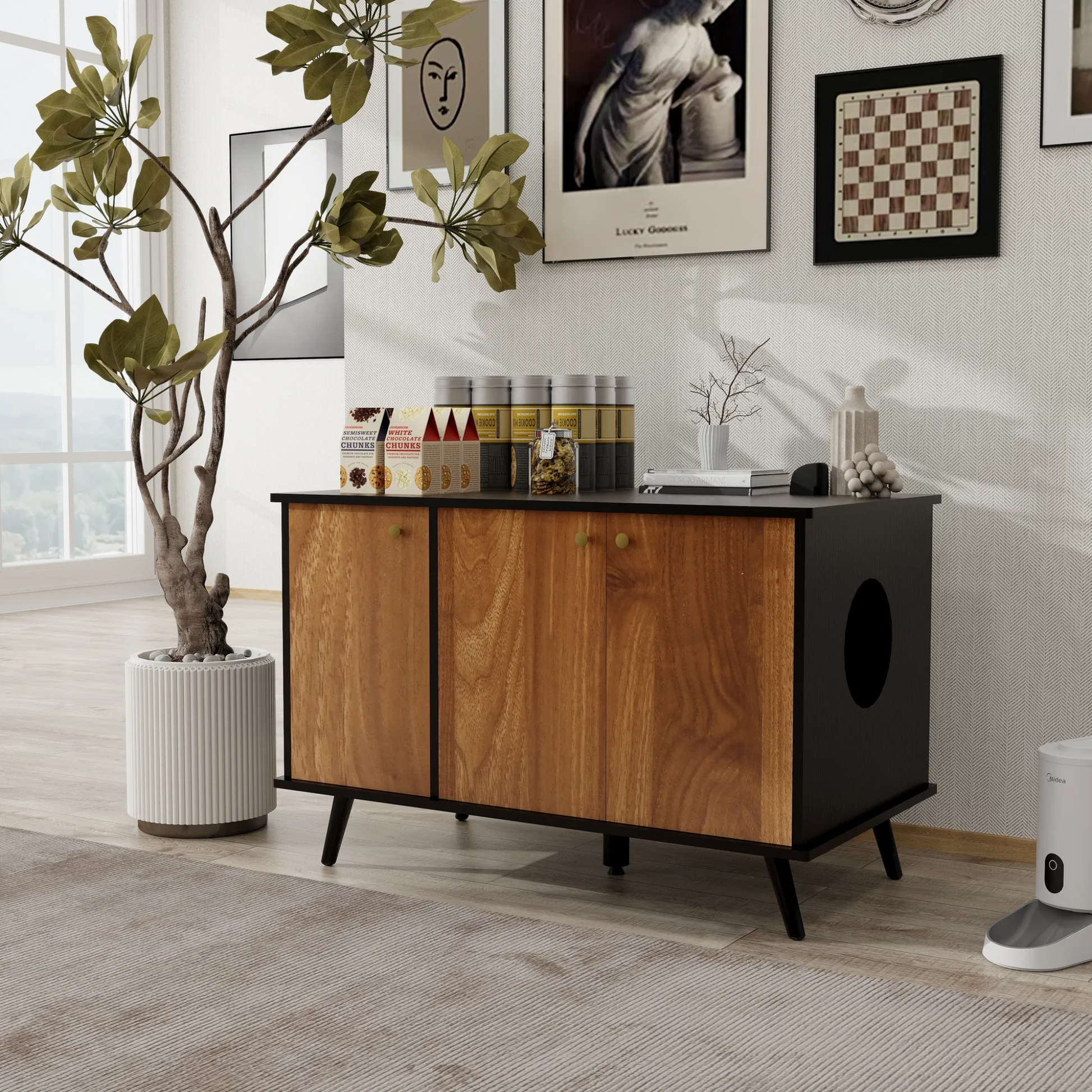 3 Doors Cat Litter Box Furniture - Hidden Litter Box Enclosure Bench with Storage & Hidden Plug - Black & Walnut MDF 