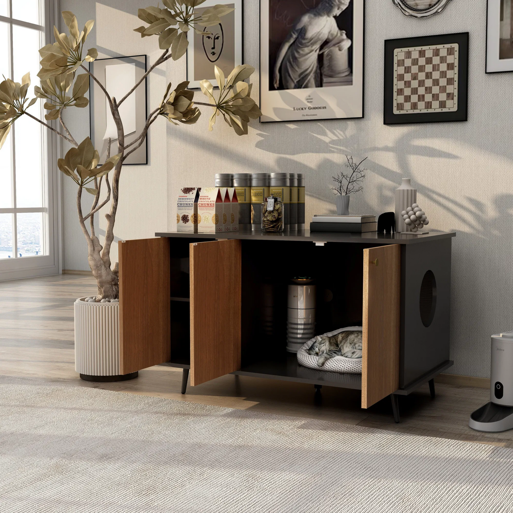 Cat Litter Box Furniture with Hidden Plug, 3 Doors Storage Bench  Black and Walnut