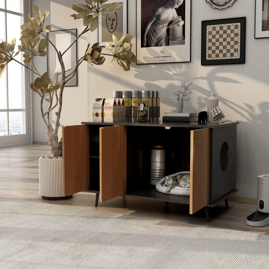 Cat Litter Box Furniture with Hidden Plug, 3 Doors Storage Bench  Black and Walnut