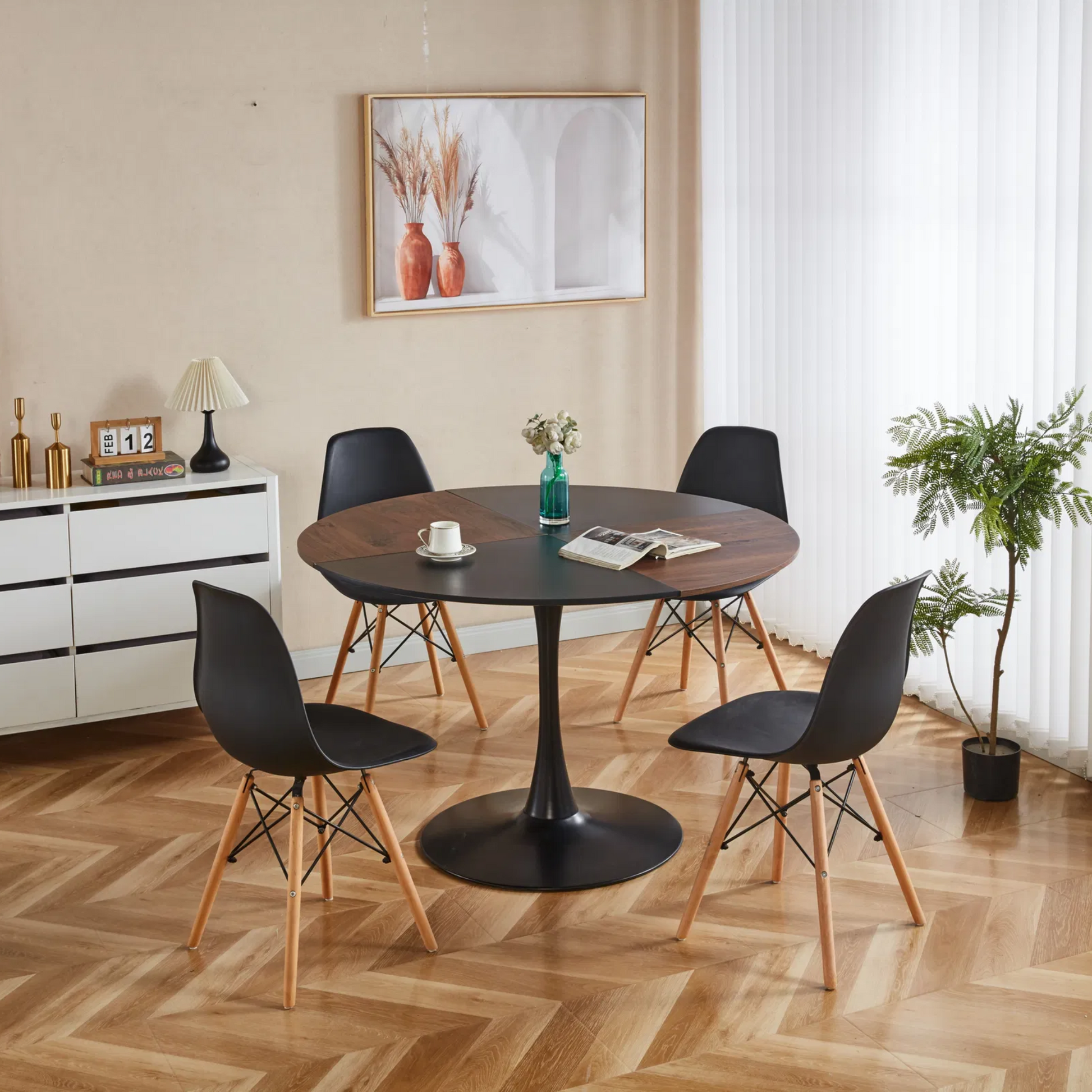 1+4,5pieces dining set, Table metal leg Mid-century Dining Table for 4-6 people With Mdf Table Top, Pedestal Dining Table, End Table Leisure Coffee Table