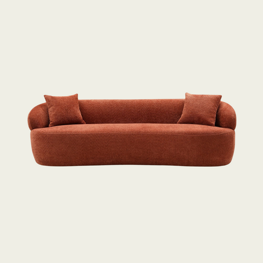 Mid century modern Curved Boucle Sofa | Orange upholstery | Half Moon Design | 2 Pillows Included