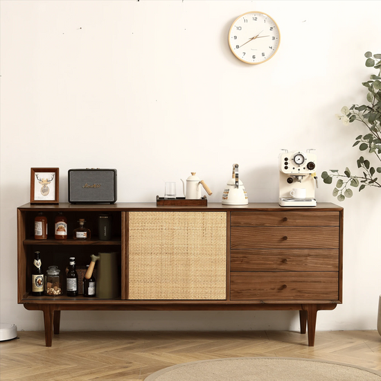 68.89" Retro Two-Door, Four-Drawer Cabinet with Natural Rattan Weaving — Black Walnut Finish