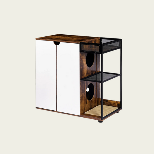 Double Cat Litter Box Furniture - 2 Hidden Litter Box Enclosure with mat - White & Walnut MDF