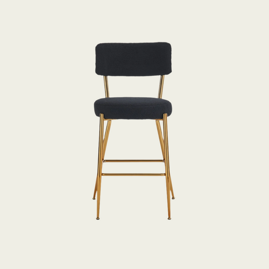 25" Mid century modern barstools| Black teddy upholstery| Gold metal frame| 25" height with footrest