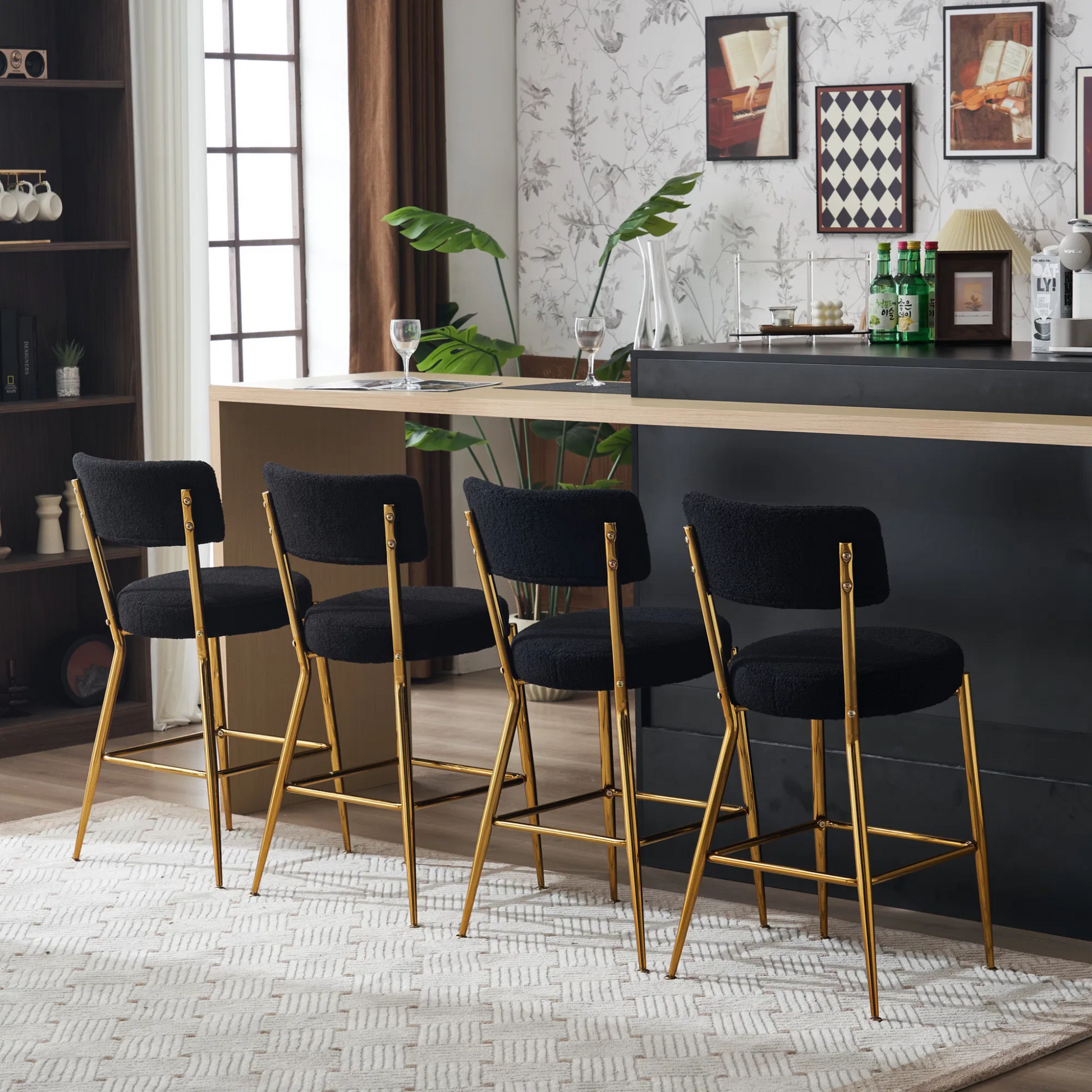 25" Mid century modern barstools| Black teddy upholstery| Gold metal frame| 25" height with footrest