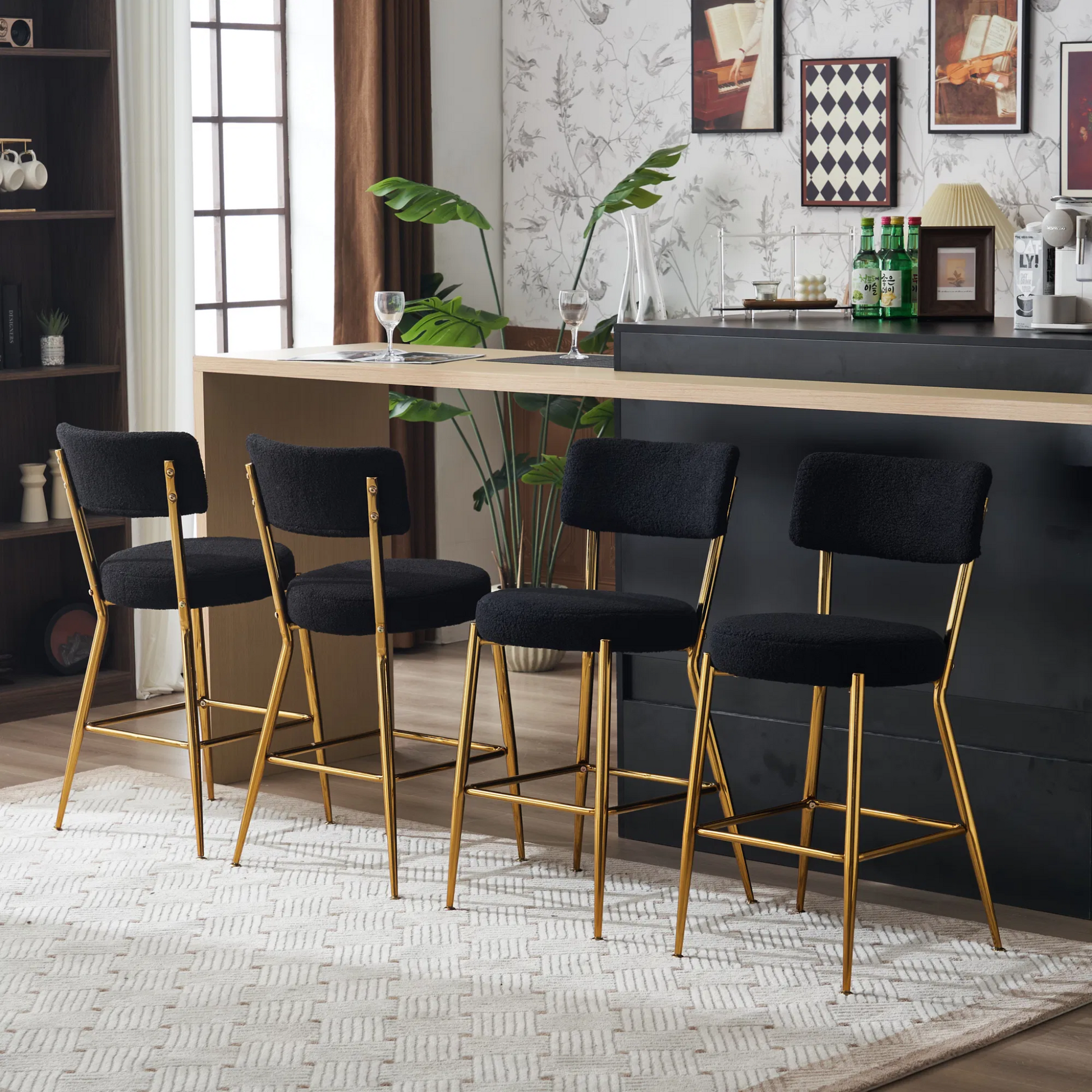 25" Mid century modern barstools| Black teddy upholstery| Gold metal frame| 25" height with footrest