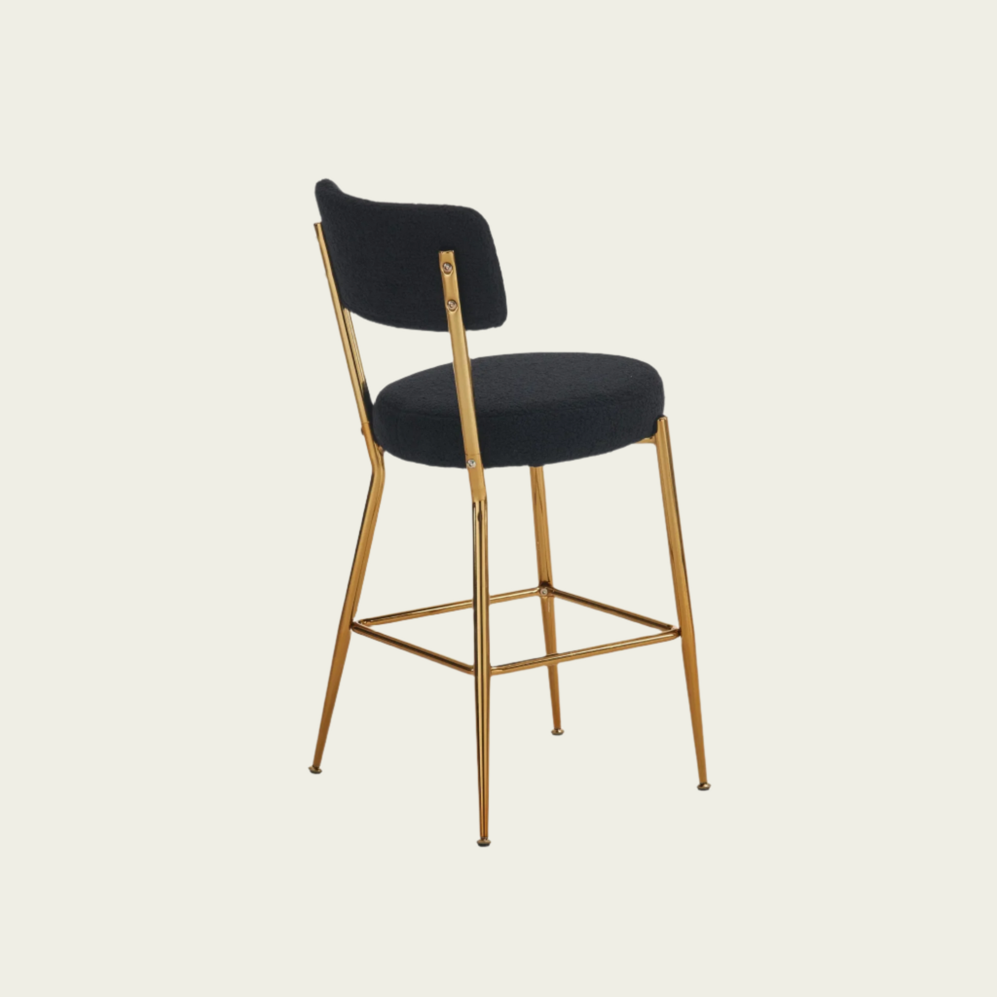 25" Mid century modern barstools| Black teddy upholstery| Gold metal frame| 25" height with footrest
