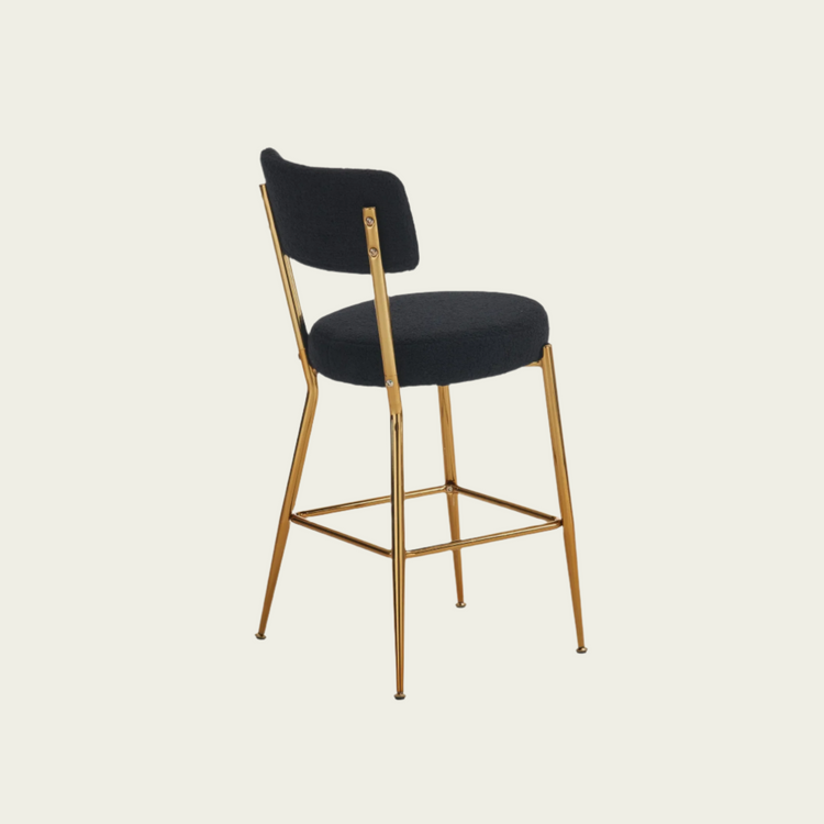 25" Mid century modern barstools| Black teddy upholstery| Gold metal frame| 25" height with footrest