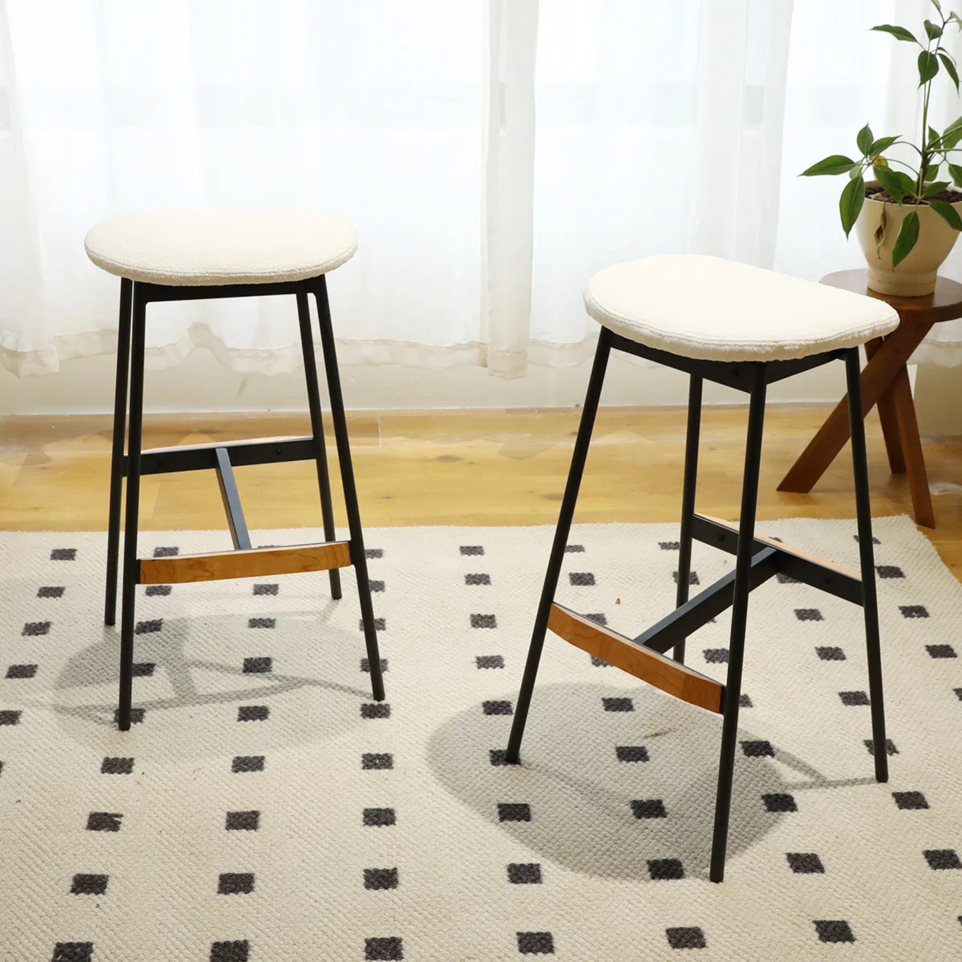 25" Retro backless Bar Stool | White boucle Seat | Dark Metal Frame | Wood Accent | set of 2