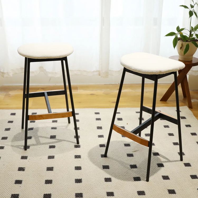 25" Retro backless Bar Stool | White boucle Seat | Dark Metal Frame | Wood Accent | set of 2
