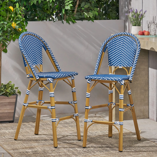 29.5" Outdoor Rattan French Barstool| Dark Teal and White| Aluminum Frame & Bamboo Finish (set of 2)