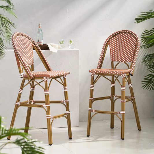 29.5" Outdoor Rattan French Barstool| Pink and White| Aluminum Frame & Bamboo Finish (set of 2)