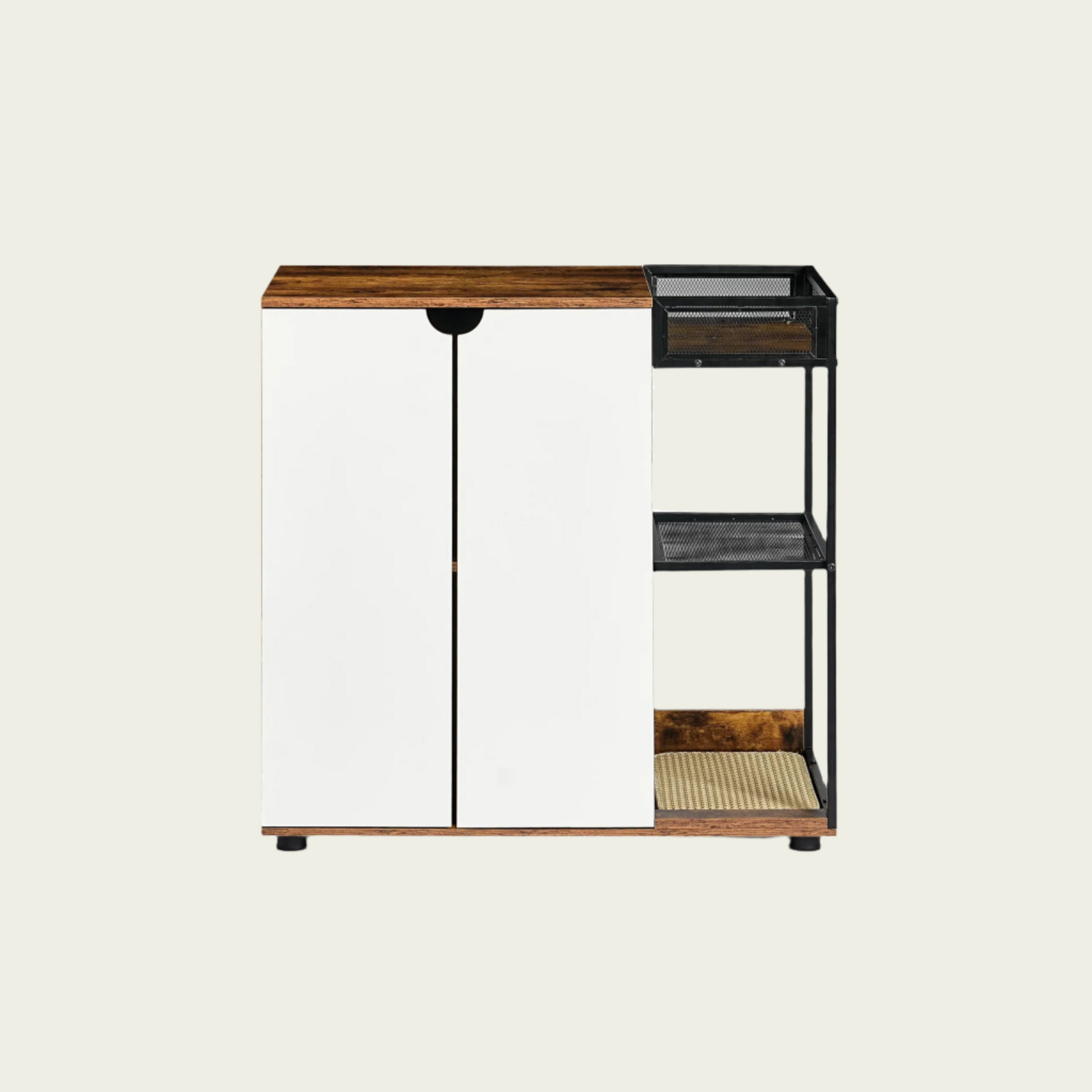 Double Cat Litter Box Furniture - 2 Hidden Litter Box Enclosure with mat - White & Walnut MDF