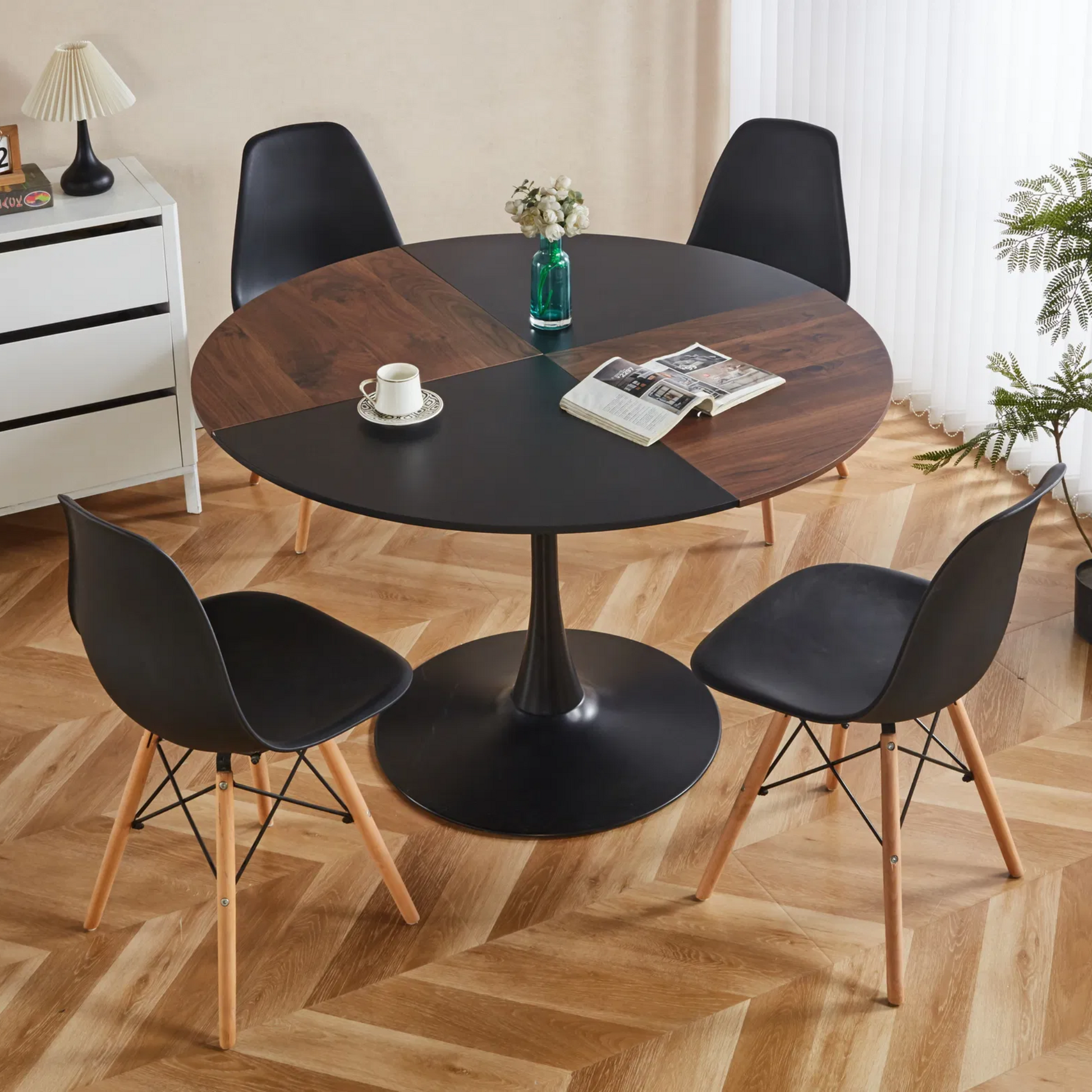 1+4,5pieces dining set, Table metal leg Mid-century Dining Table for 4-6 people With Mdf Table Top, Pedestal Dining Table, End Table Leisure Coffee Table