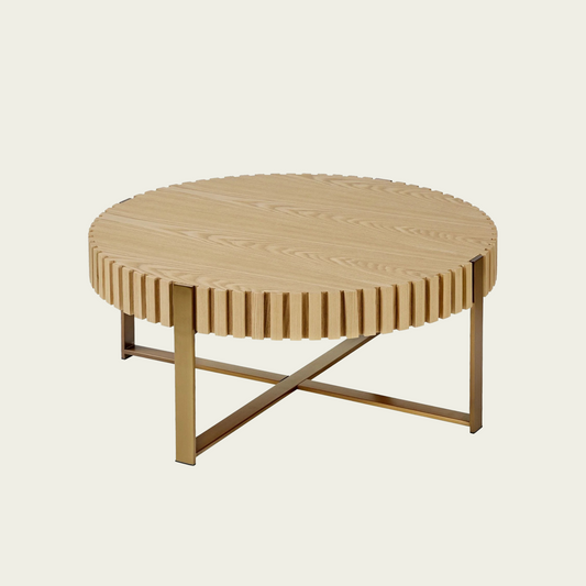 31.29" Retro Splicing Coffee Table | Natural Fir Wood Top with Matte Gold Cross Metal Base tfu