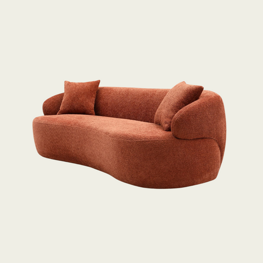 Mid century modern Curved Boucle Sofa | Orange upholstery | Half Moon Design | 2 Pillows Included