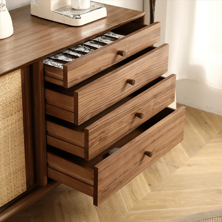 68.89" Retro Two-Door, Four-Drawer Cabinet with Natural Rattan Weaving — Black Walnut Finish