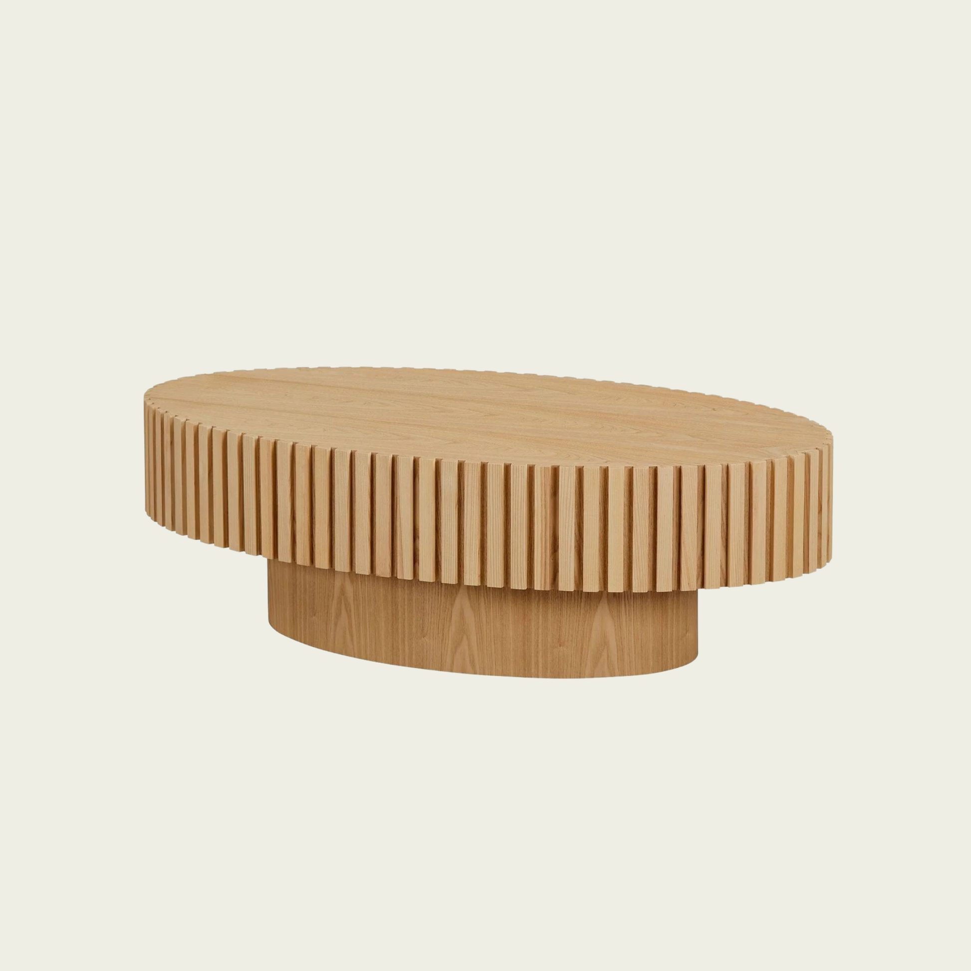 Modern Handcraft Drum Coffee Table Length 43.7 inch Ellipse Coffee Table for Living Room,Oval Small Coffee Table with Sturdy Pedestal,Natural Ash MDF