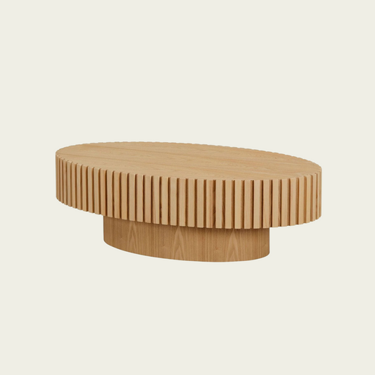 Modern Handcraft Drum Coffee Table Length 43.7 inch Ellipse Coffee Table for Living Room,Oval Small Coffee Table with Sturdy Pedestal,Natural Ash MDF