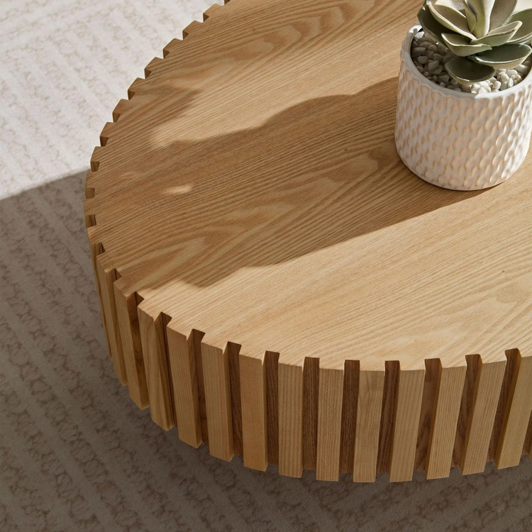 Modern Handcraft Drum Coffee Table Length 43.7 inch Ellipse Coffee Table for Living Room,Oval Small Coffee Table with Sturdy Pedestal,Natural Ash MDF