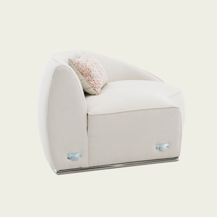 Bulky curved modular sofa with Pink Pillows | Cream boucle upholstery