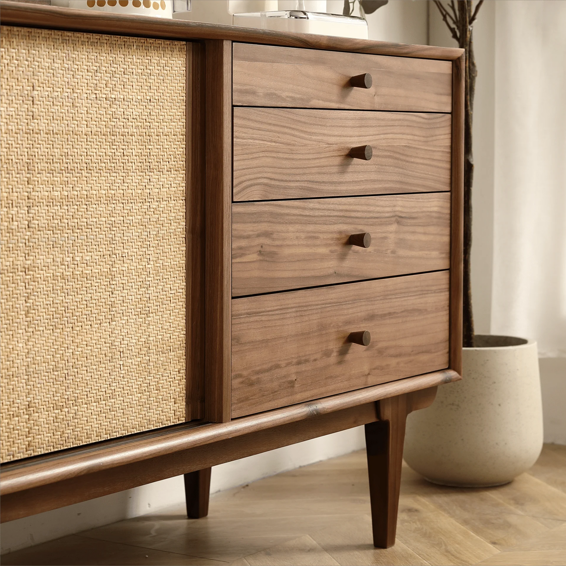 68.89" Retro Two-Door, Four-Drawer Cabinet with Natural Rattan Weaving — Black Walnut Finish
