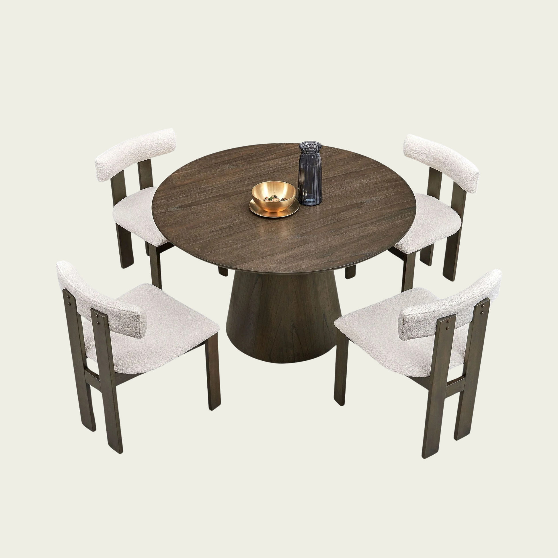 5-Piece Mid-Century Modern Dining Set | Open back boucle Upholstere wood chairs | Round Wood table