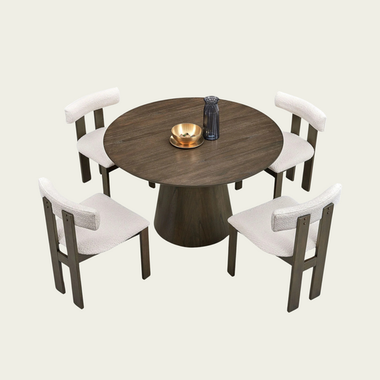 5-Piece Mid-Century Modern Dining Set | Open back boucle Upholstere wood chairs | Round Wood table