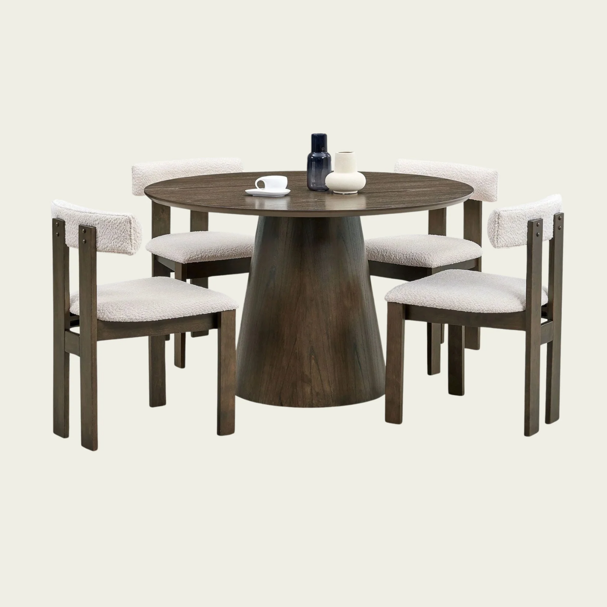 5-Piece Mid-Century Modern Dining Set | Open back boucle Upholstere wood chairs | Round Wood table