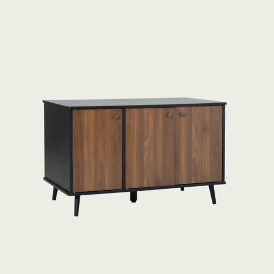 Cat Litter Box Furniture with Hidden Plug, 3 Doors Storage Bench  Black and Walnut
