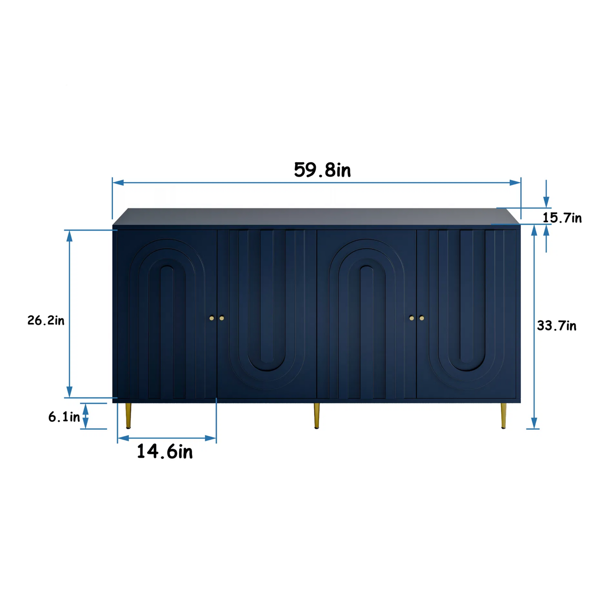 4 Door Blue Lacquered Wooden Storage Cabinet - Buffet Sideboard