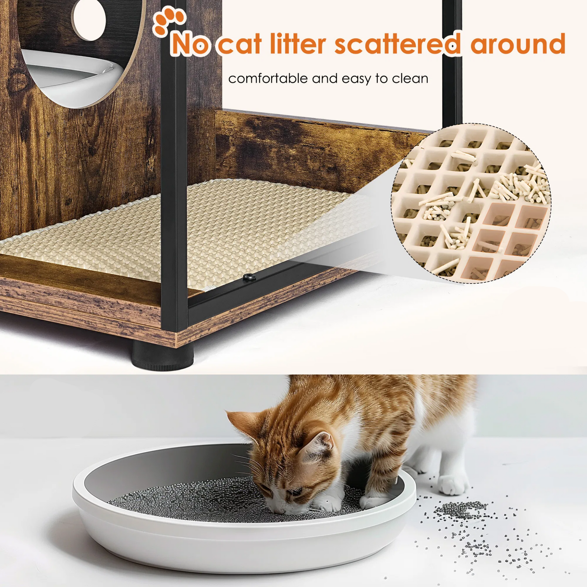 Double Cat Litter Box Furniture - 2 Hidden Litter Box Enclosure with mat - White & Walnut MDF