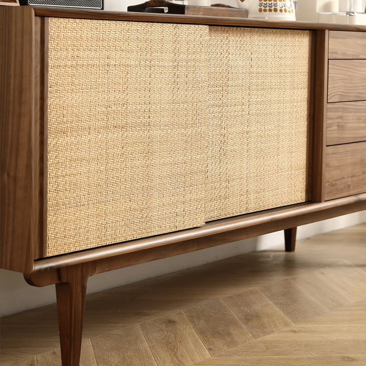 68.89" Retro Two-Door, Four-Drawer Cabinet with Natural Rattan Weaving — Black Walnut Finish