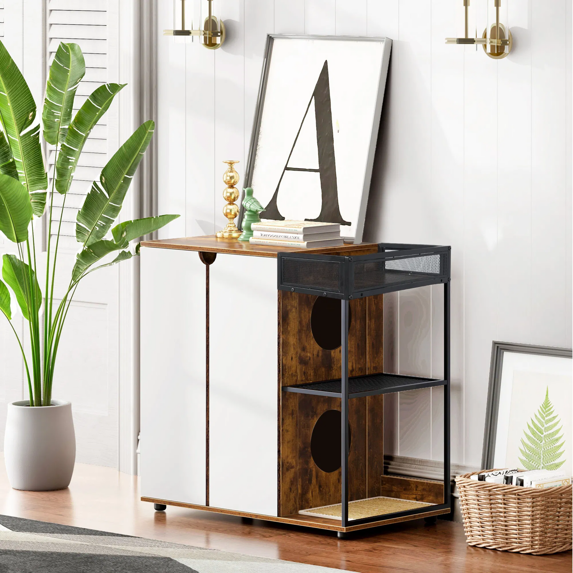 Double Cat Litter Box Furniture - 2 Hidden Litter Box Enclosure with mat - White & Walnut MDF
