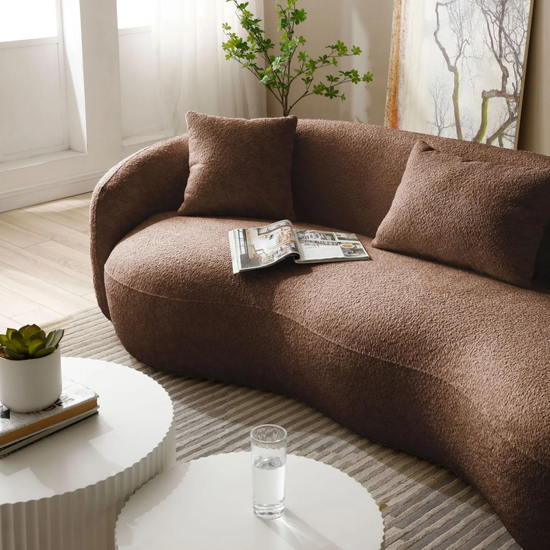 Mid Century Modern Curved Living Room Sofa, Boucle Fabric Couch for Bedroom, Office, Apartment, Brown