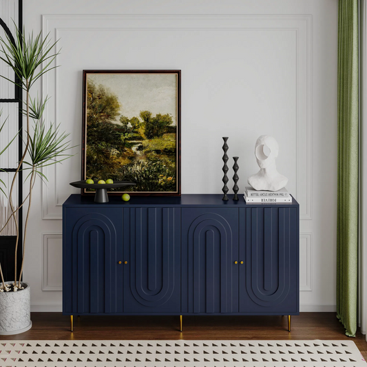 4 Door Blue Lacquered Wooden Storage Cabinet - Buffet Sideboard