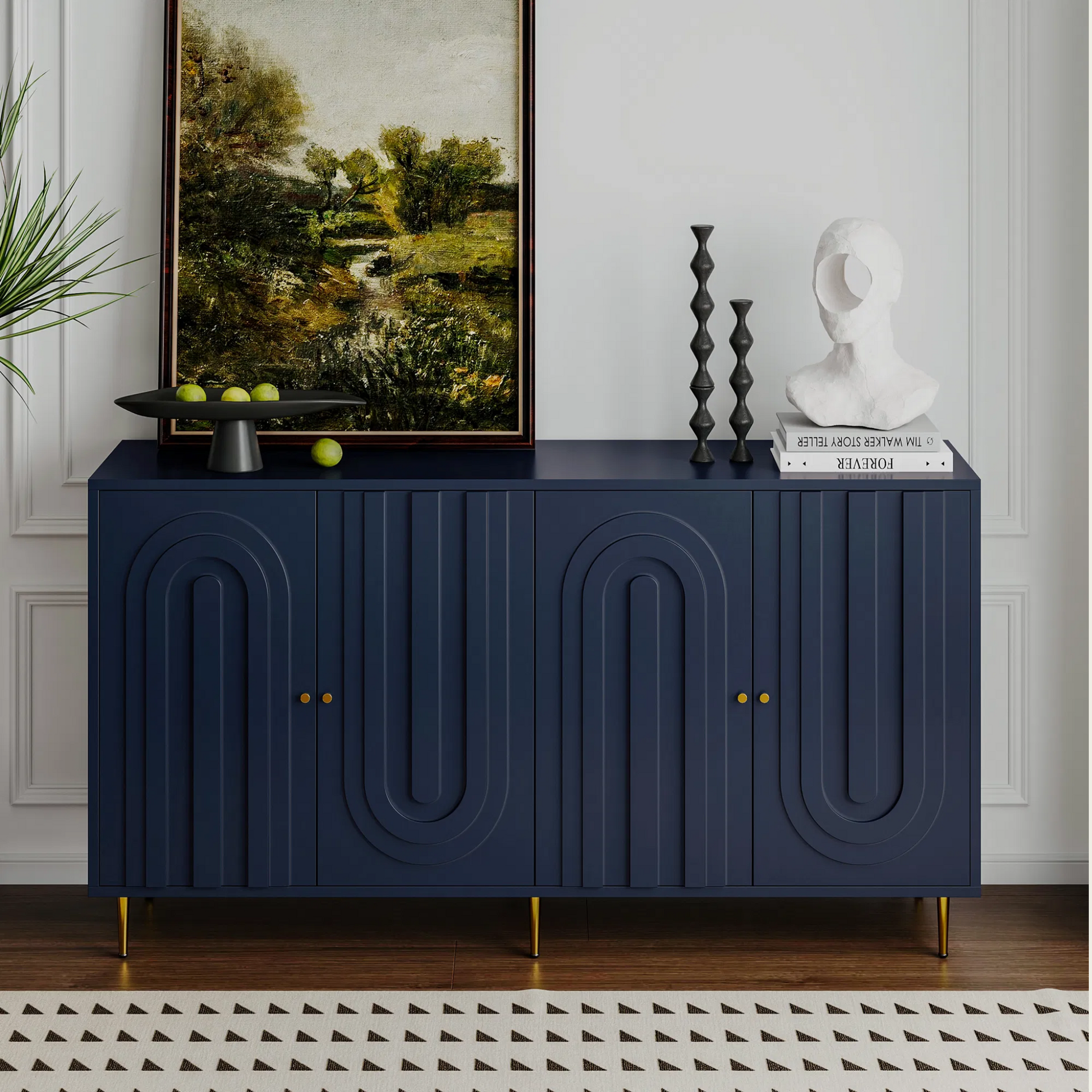 4 Door Blue Lacquered Wooden Storage Cabinet - Buffet Sideboard