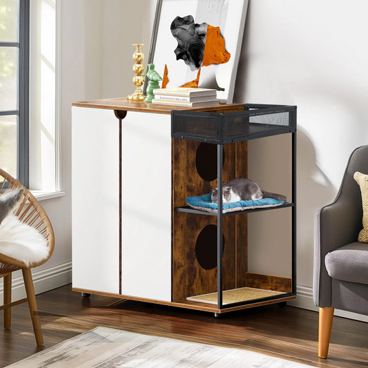 Double Cat Litter Box Furniture - 2 Hidden Litter Box Enclosure with mat - White & Walnut MDF