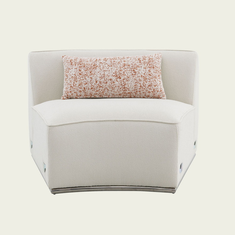 Bulky curved modular sofa with Pink Pillows | Cream boucle upholstery