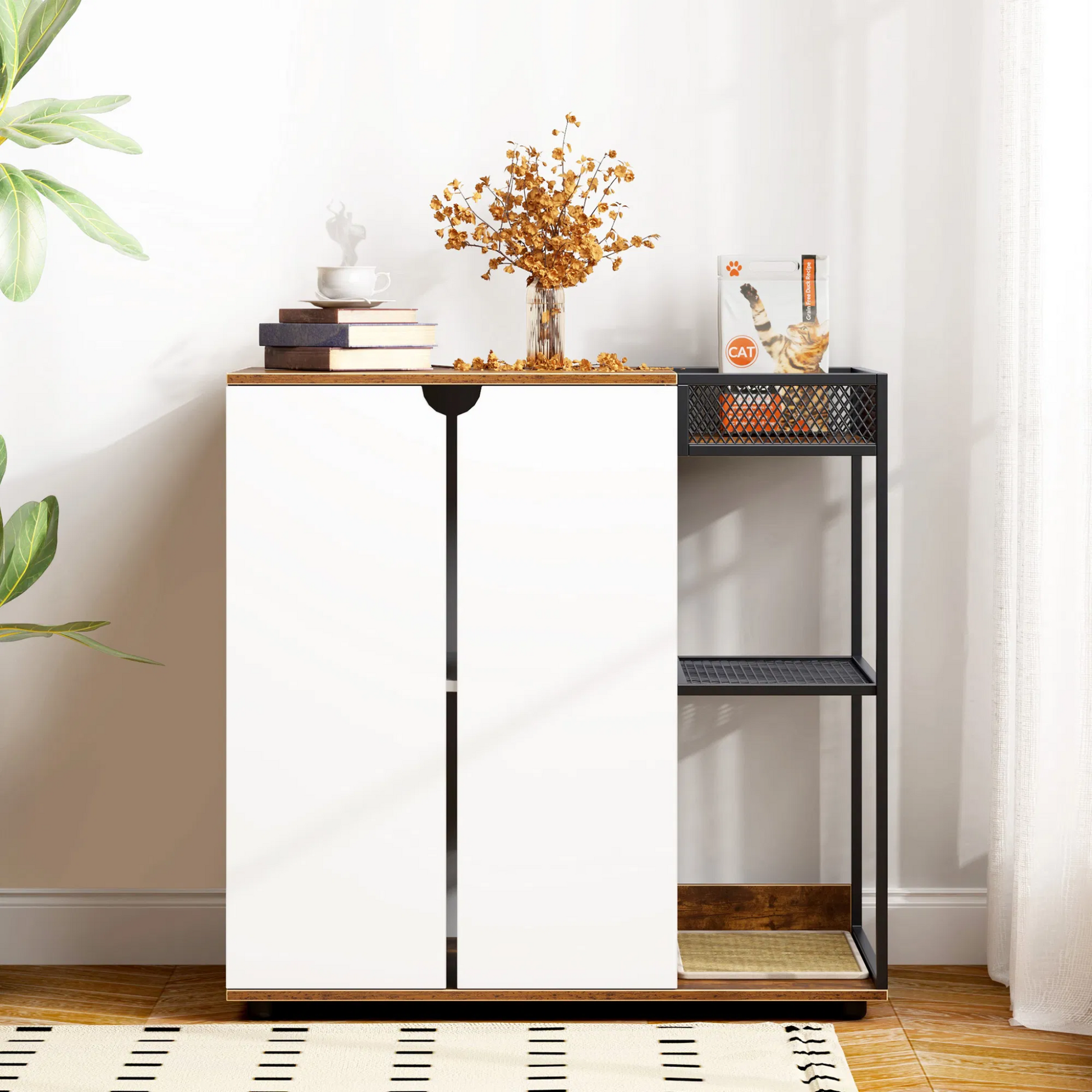 Double Cat Litter Box Furniture - 2 Hidden Litter Box Enclosure with mat - White & Walnut MDF