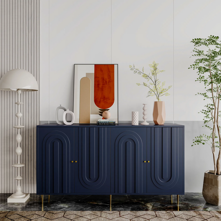 4 Door Blue Lacquered Wooden Storage Cabinet - Buffet Sideboard