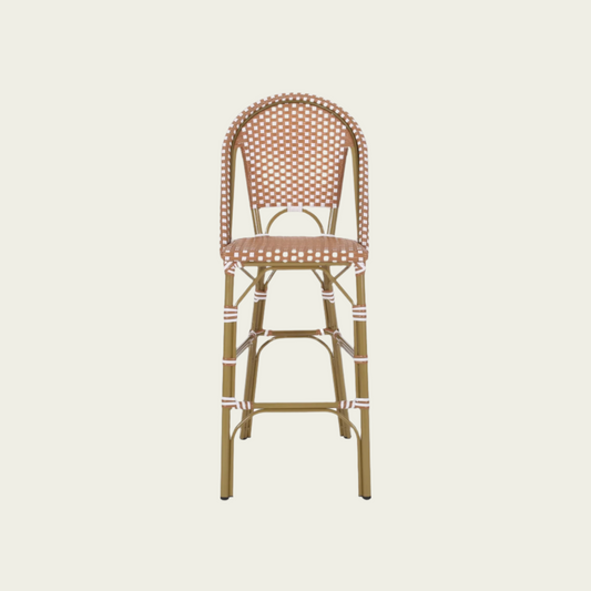 29.5" Outdoor Rattan French Barstool| Pink and White| Aluminum Frame & Bamboo Finish (set of 2)