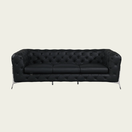  93" Authentic Italian Black Leather Sofa | Chesterfield Design | Deep Button Tufting | Low Profile