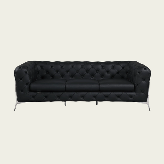  93" Authentic Italian Black Leather Sofa | Chesterfield Design | Deep Button Tufting | Low Profile